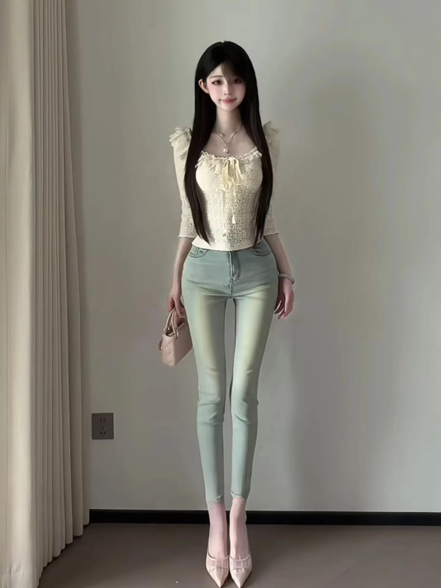 

Slimming High Waist Cotton Stretch Denim Capri Pants Korean Style Wear Resistant Fading Hand Washed Women's Fashion Jeans