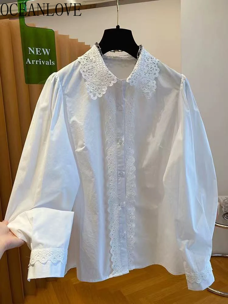 

OCEANLOVE Lace White Blouses Long Sleeves Spring Autumn Sweet Korean Fashion Women Shirts Vintage Simple Elegant Blusas Mujer
