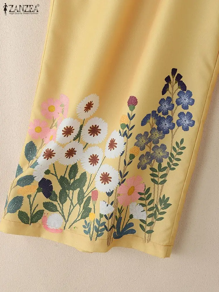 ZANZEA Womens Floral Printing Wide Leg Pants Elastic Waist Everyday Casual Loose Long Trousers Fall 2025 New Woman Clothes S-3XL