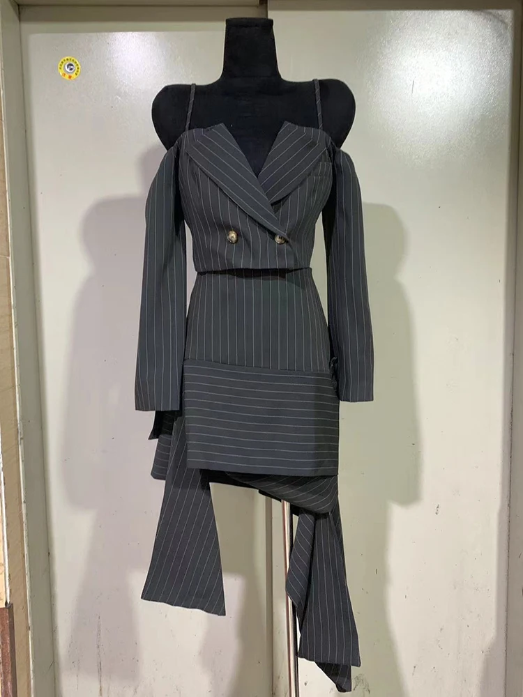 GALCAUR Striped 2 Piece Women Square Collar Long Sleeve Off Shoulder Blazer Coat High Waist Asymmetrical Mini Skirt Sets Female