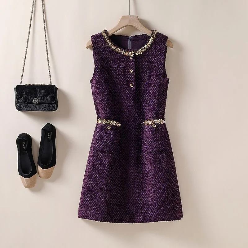 Sleeveless Dress Women's Spring/Summer Wool Beaded Sequin A-line Skirt New Designer Fashionable Youthful Niche Versatile Luxury