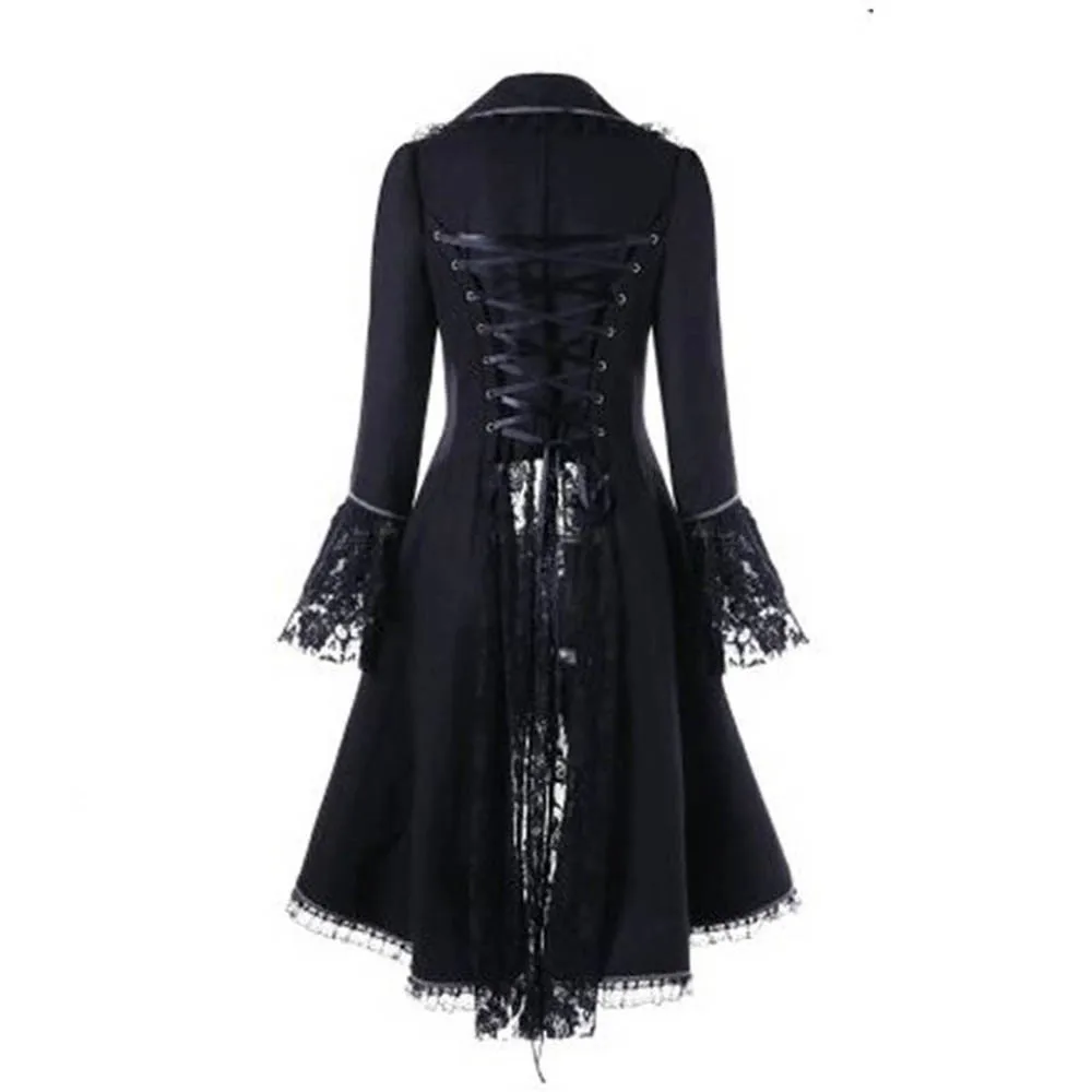 Women Lace Trim Lace-up High Low Coat Black Steampunk Victorian Gothic Female Jacket Medieval Noble Court Dress Plus Size S-5XL