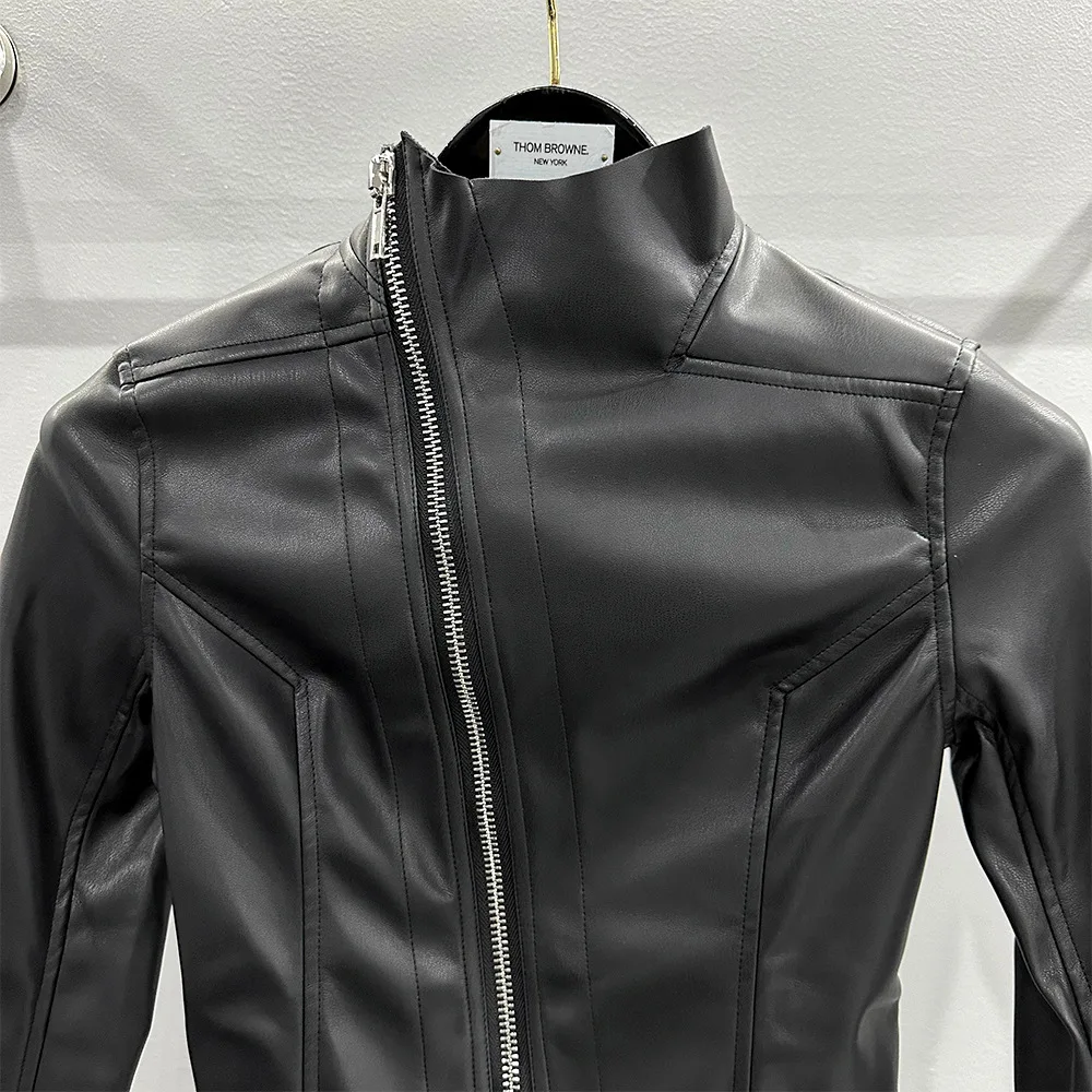 Y2k Streetwear Rick Women Leather Jackets Slim Fit Slant Zipper Design Jacket Turtleneck Leather Jacket