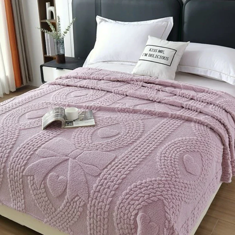 

Adult Office Thick Coral Fleece Blanket Love Bow Style Three Dimensional Embossed Quilt Warm Cold Resistant Home Decorations