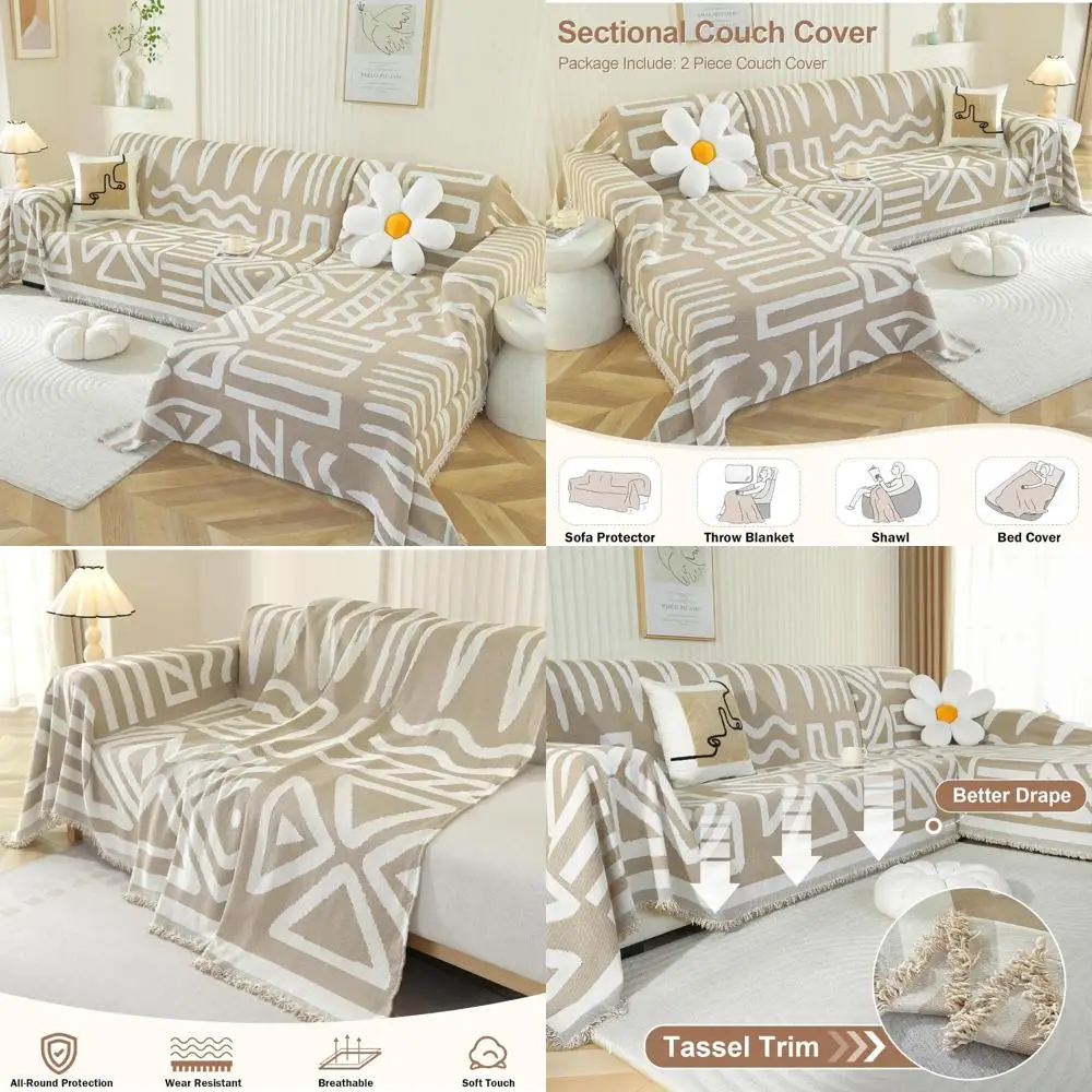 

OstepDecor Boho Sectional Couch Covers 2 Pieces, L Shaped Sofa Cover, Chenille Couch Cover for Dogs Washable, Couch Cover Blanke