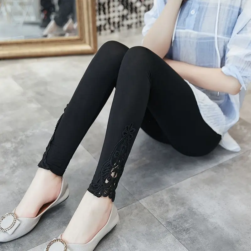 High Waist Lace Tights Long Pants Thin Elastic Slimming Tight Korean Style Spring Autumn Nine Points Pants Thin Base Layer Pants