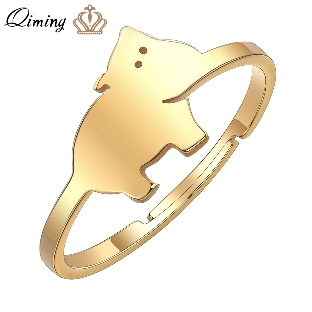 QIMING Lovely Animal Hippo Ring Girls Stainless Steel Jewelry Open Finger Rings Children Women Gift