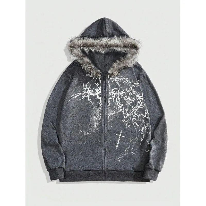 العصرية القوطية الفراء هود قلنسوة بسحاب رمادي للجنسين الشارع الشهير فضفاض لينة الصوف الرجعية المتعثرة ملابس خارجية 2025 فاسق