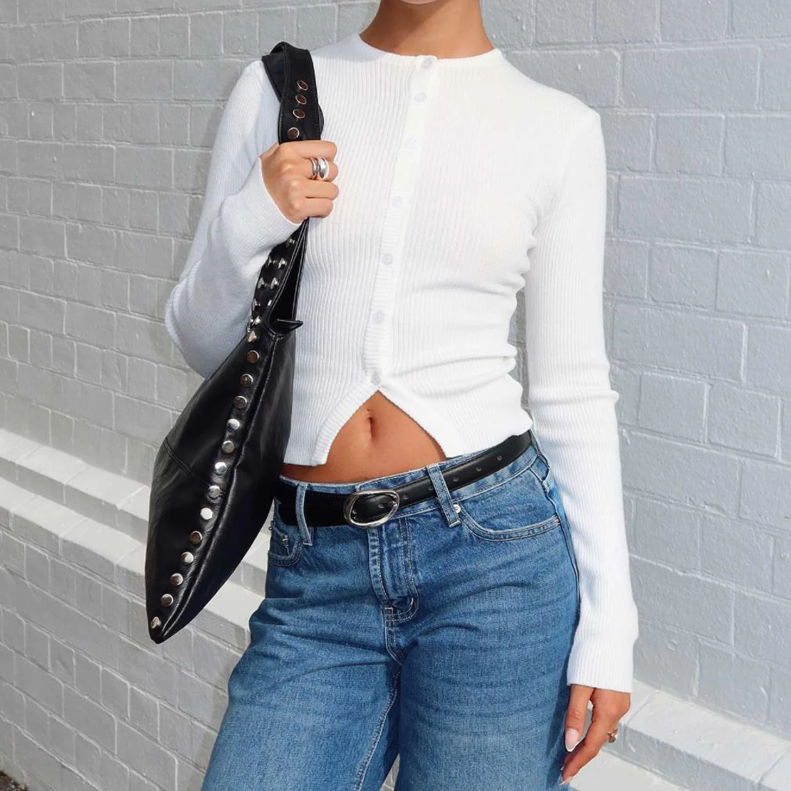 여성 기본 카디건 핏 솔리드 크루넥 긴 소매 버튼업 니트 탑 캐주얼 가을 의류