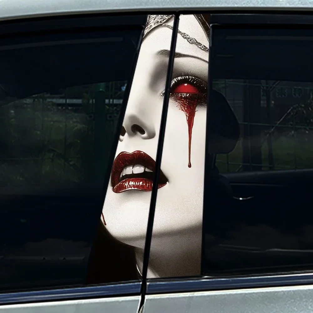 2pcs Vampire Gothic Horror Noir Aesthetic Red Eyes Blood Tears Car Center B Pillar Protective Film Sticker