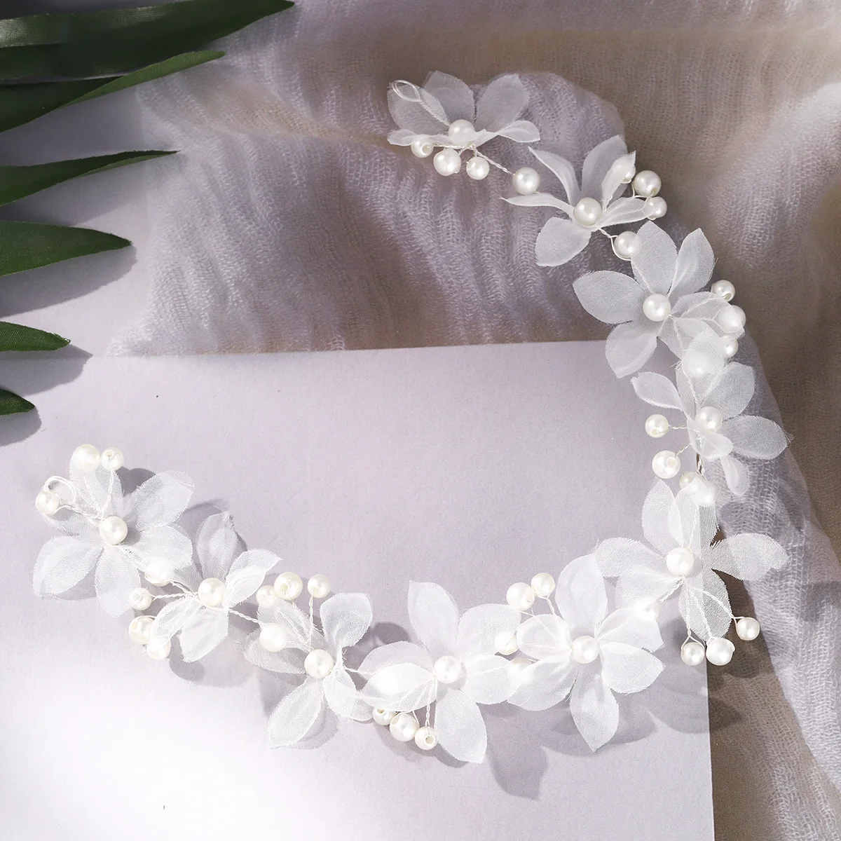 Elegant White Organza Flower Bridal Headband Pearl Floral Hair Vine Fairy Wedding Hair Accessories Bridesmaid Party Headdress image 2