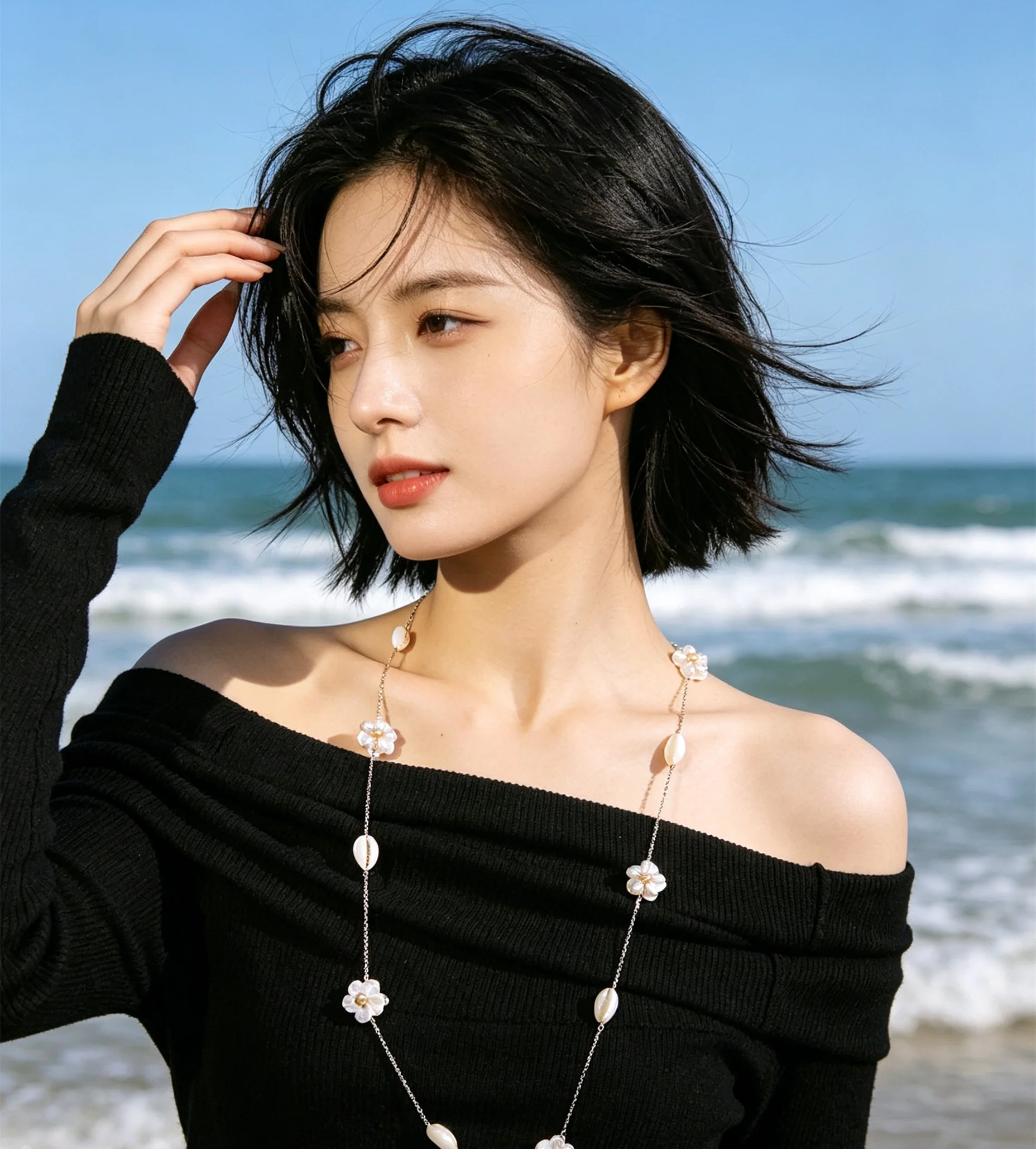 Elegant Women Long Shell Pearl Necklace Flower Beaded Neck Chain Delicate Versatile Clavicle Chain Fashion Lady Jewelry Gift