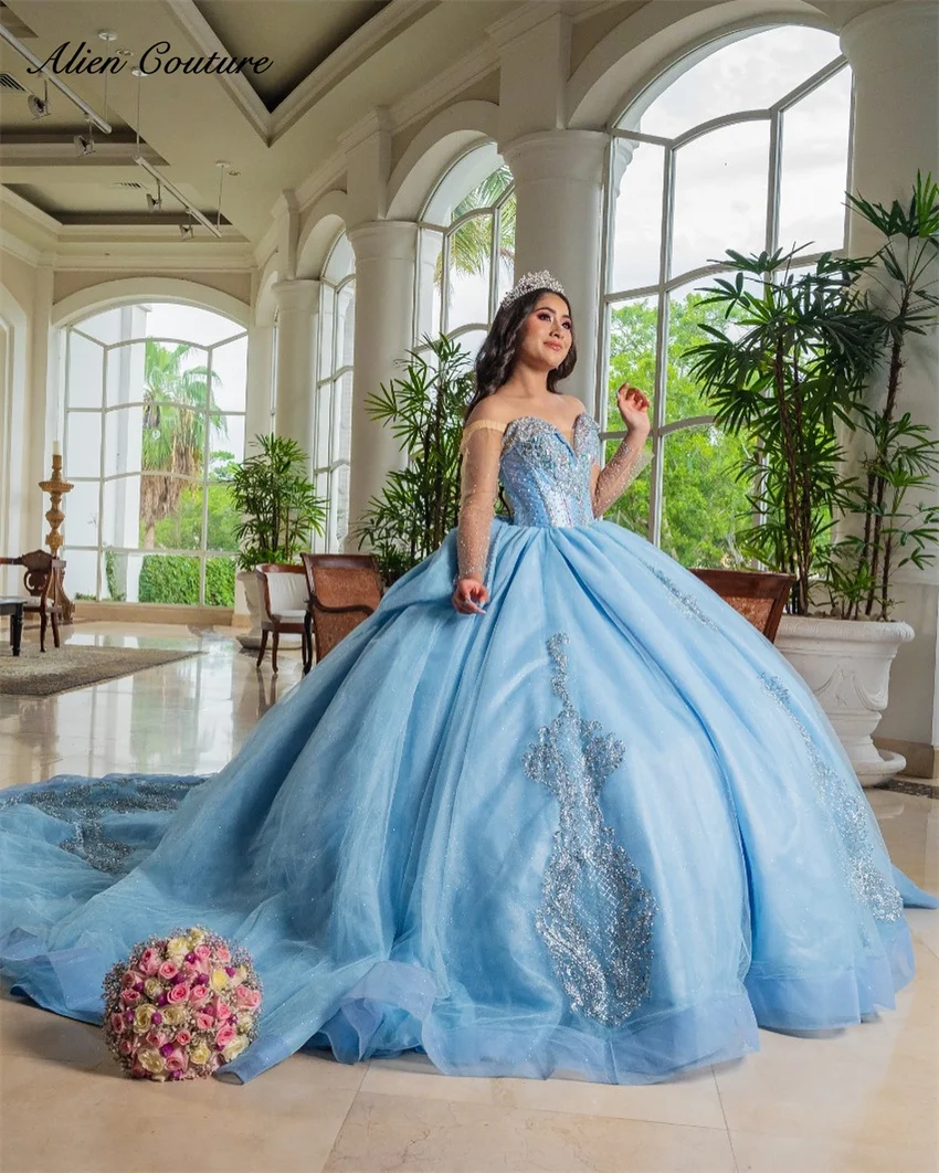 

Sky Blue Flowers Princess Quinceanera Dress With Gloves Beads Crystals Ball Gown Birthday Party Gown 16th Birthday Customized