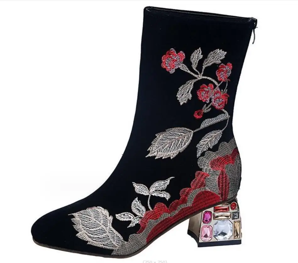 

New Sexy Fashion Winter Women Boots Embroidered Mid Calf Motorcycle Boots Middle cylinder boots Square Heel Warm Ladies Boots