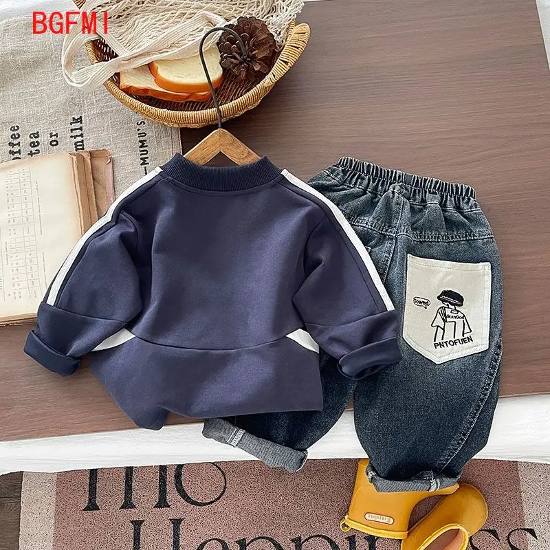 1-5Y 2026 Spring Autumn New Boys Outfit Toddler Biker Cotton Soft Print Design Sweatshirt + Casual Jeans 2 Piece Set