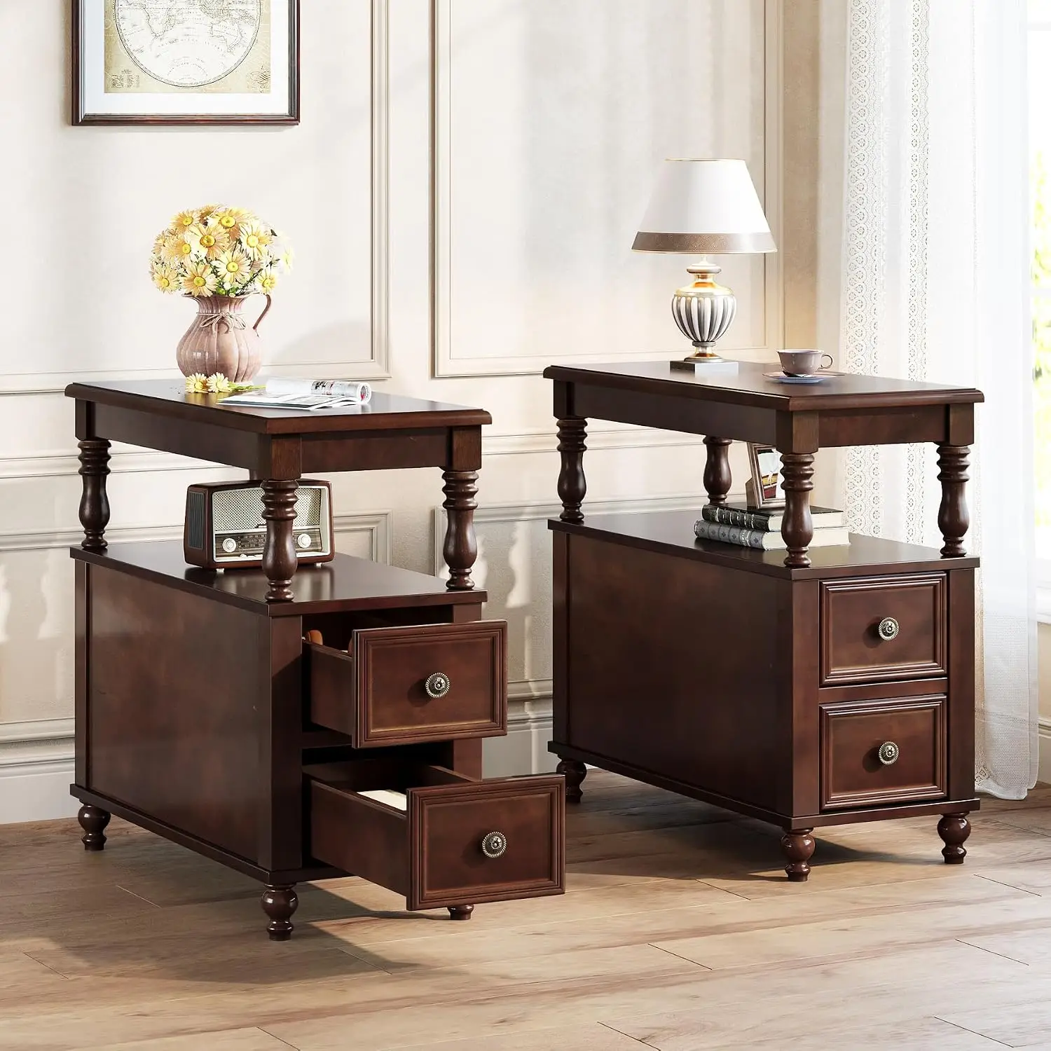 Solid Wood Nightstand with 2 Drawers, Mid-Century Modern Night Stand with Open Storage Shelf, Vintage Bedside Table, Customized