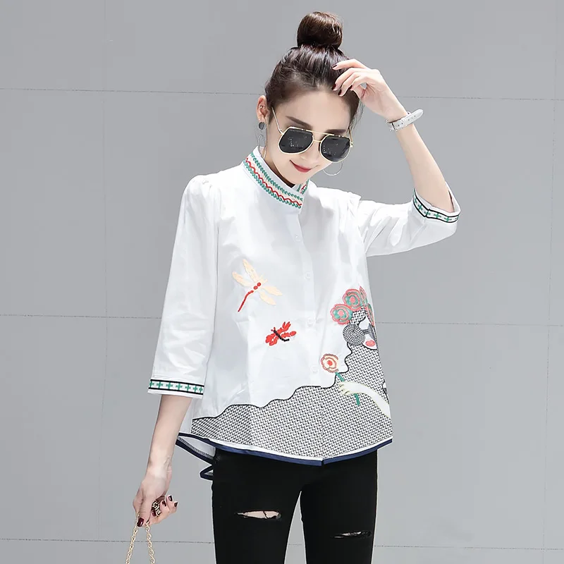 Women's Half Sleeved Embroidered Blouse, White Shirts, Loose Tops, Lady Elegant Outwear, Summer Coat, New, 2022