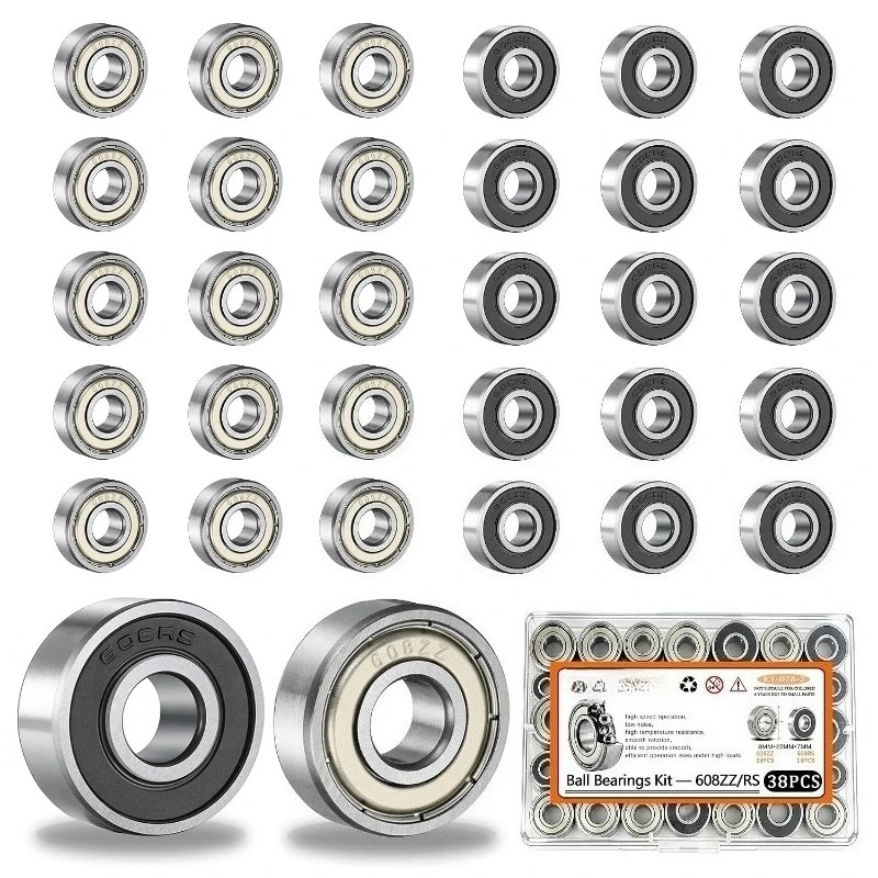 38PCS 608RS & 608ZZ Ball Bearings Assortment Kit Carbon Steel Deep Groove Bearing for Furniture Wheel Roller Skates 3D Printing