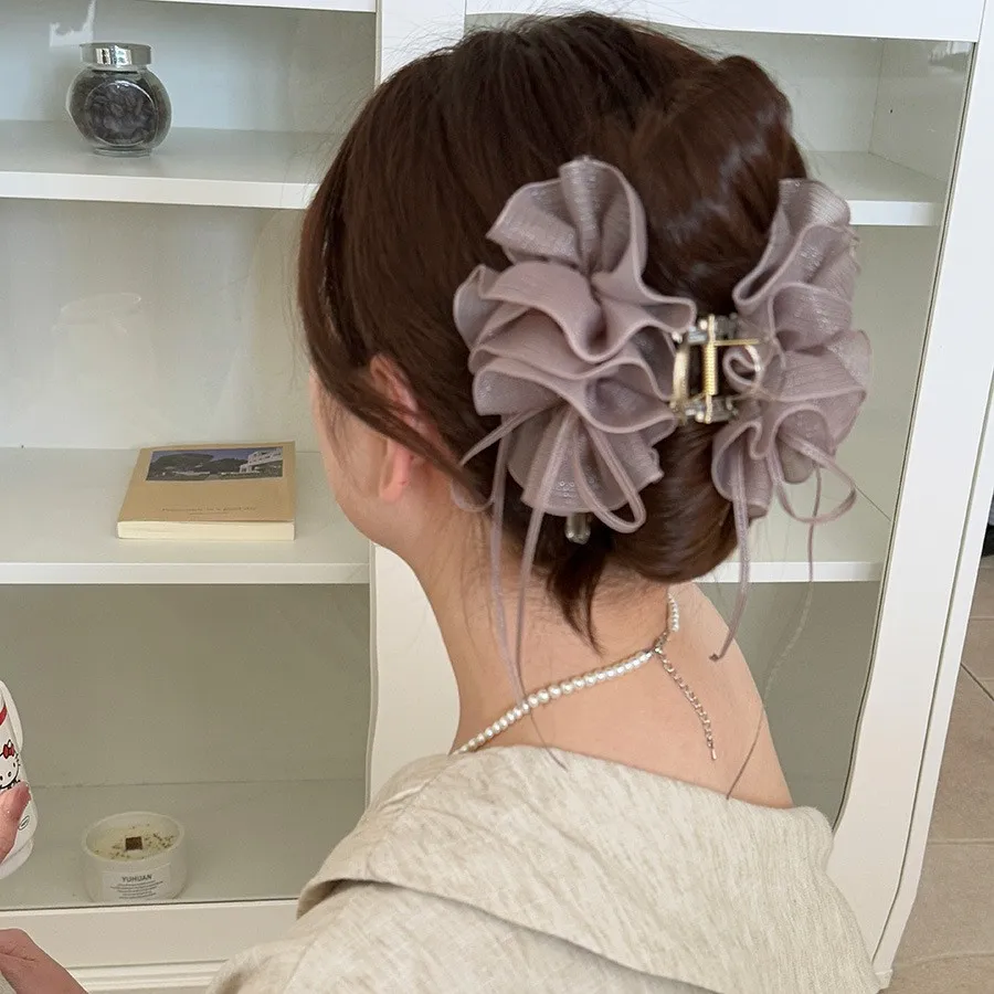 

Hair Claw Clip Mesh Flower Shark Style Ruffle Ribbon Tulle Elegant Gentle Korean for Daily Ponytail Bun Office