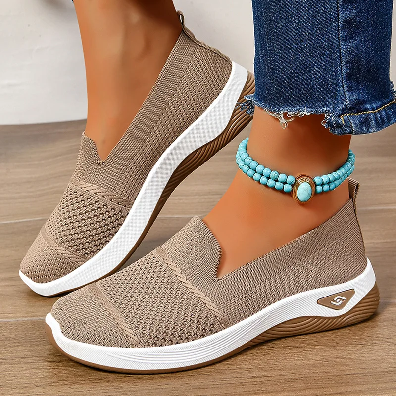 

Дышащие лоферы на танкетке, женские весенне-летние вязаные спортивные туфли без шнуровки, женские прогулочные туфли на мягкой подошве с противоскользящей подошвой