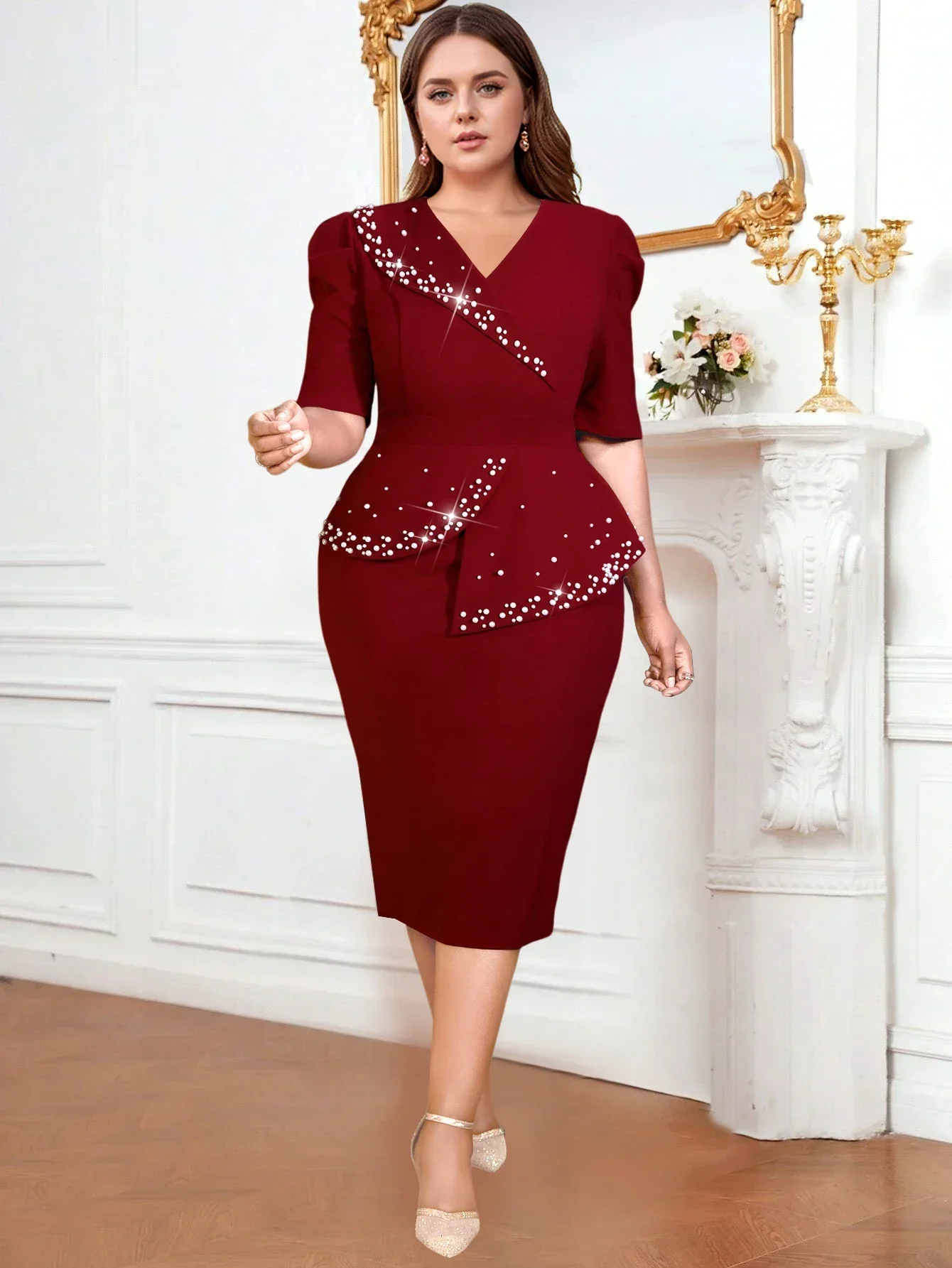 2025 New Women Modest Beading Church Event Dress Lapel Half Sleeve Package Hip Pencil Dresses Evening Celebrate Gowns Plus Size