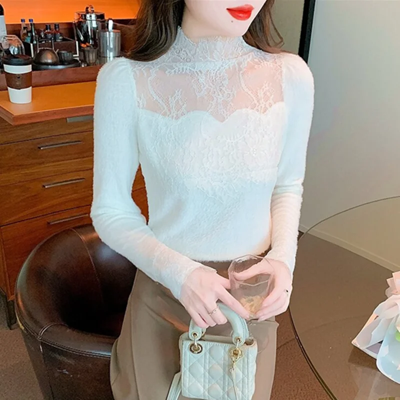 

High Collar Lace Base Shirt Women's Fashionable Autumn Winter Inner Wear with Bubble Sleeve Mesh Top Korean Style Slim Fit