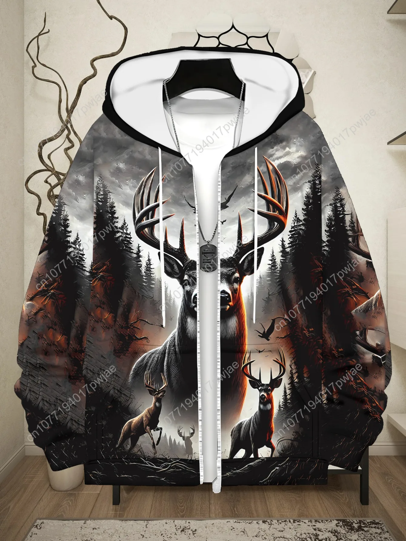 Casquette zippée à manches longues pour hommes, vêtements de sport, sweat à capuche imprimé forêt de cerf pour les aventures en plein air, tissu en polyester doux, couleur grise, Lig