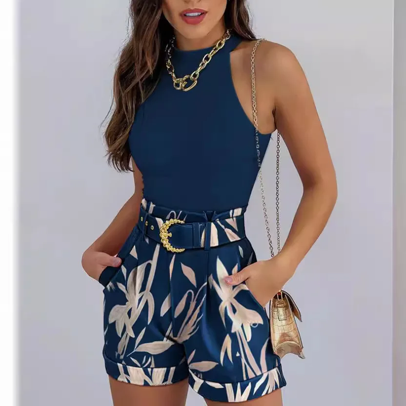 Summer Sexy Women's 2-piece Tank Tops Fashion Beach Suit Slim Short Top Shorts Print Casual Hollow Sleeveless Vest 2 Piece Suits
