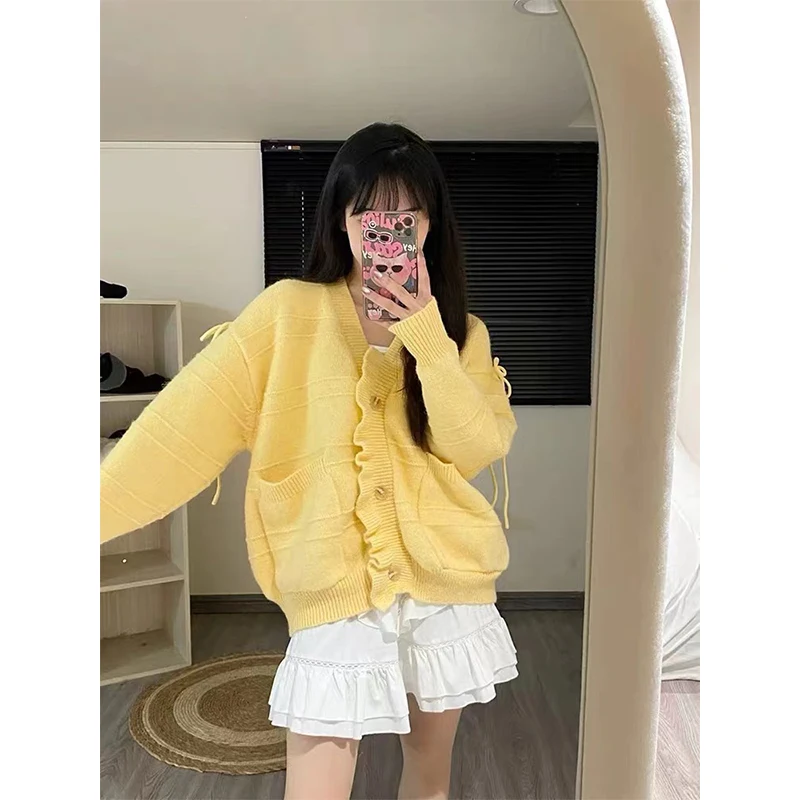 Women Autumn Simplicity Loose Fashion Bow Yellow V-neck Long Sleeve Knitwear Ladies Fashion All-match Cardigan Knitting Tops