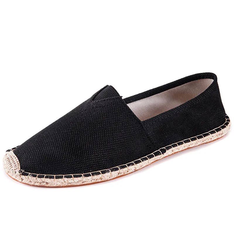 Large Size Summer Canvas Slip-On Straw Woven Rope Bottom Fisherman Shoes Pure Color Low Heel Rubber Soled Men's Casual Shoes