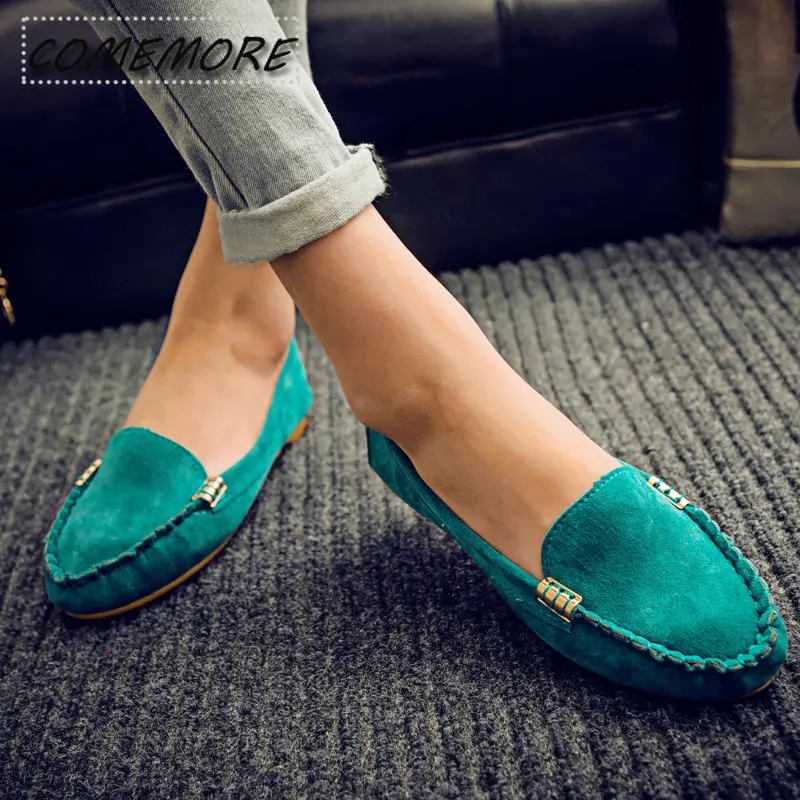 Plus Size 35-43 Women\'s Flats Faux Suede Slip on Flat Shoes Woman Loafers Metal Boat Shoes Soft Female Shoes Black Spring Autumn