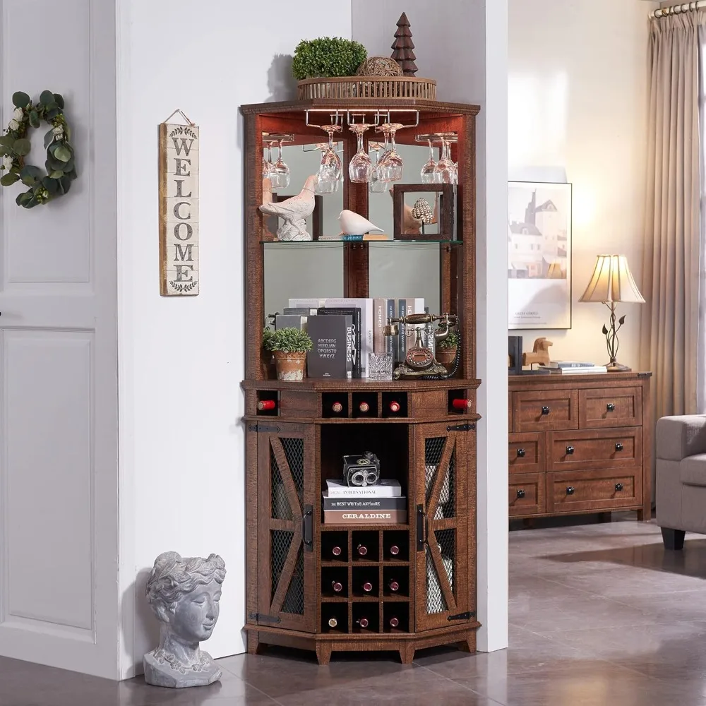 

Corner Bar Storage Cabinet, 72" Tall Farmhouse Wine Bar Cabinet W/Barn Door & Adjustable Shelf, Bar Cabinet