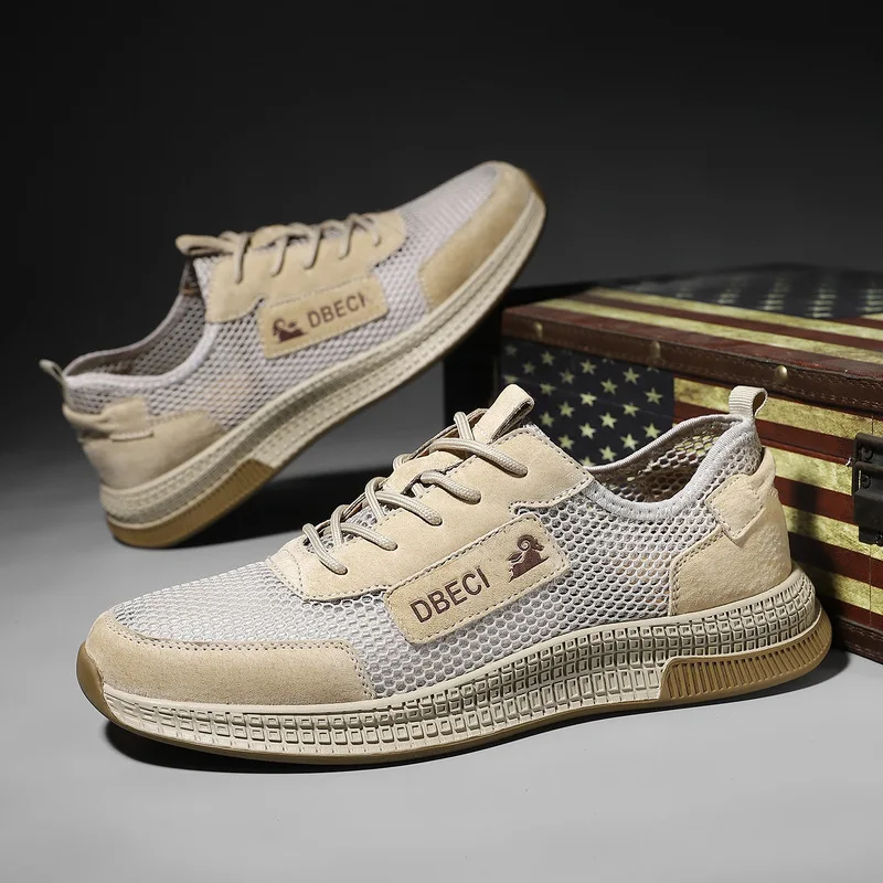 Spring and summer new model top-layer genuine leather sneakers, breathable mesh shoes, hollowed-out outdoor casual shoes, large