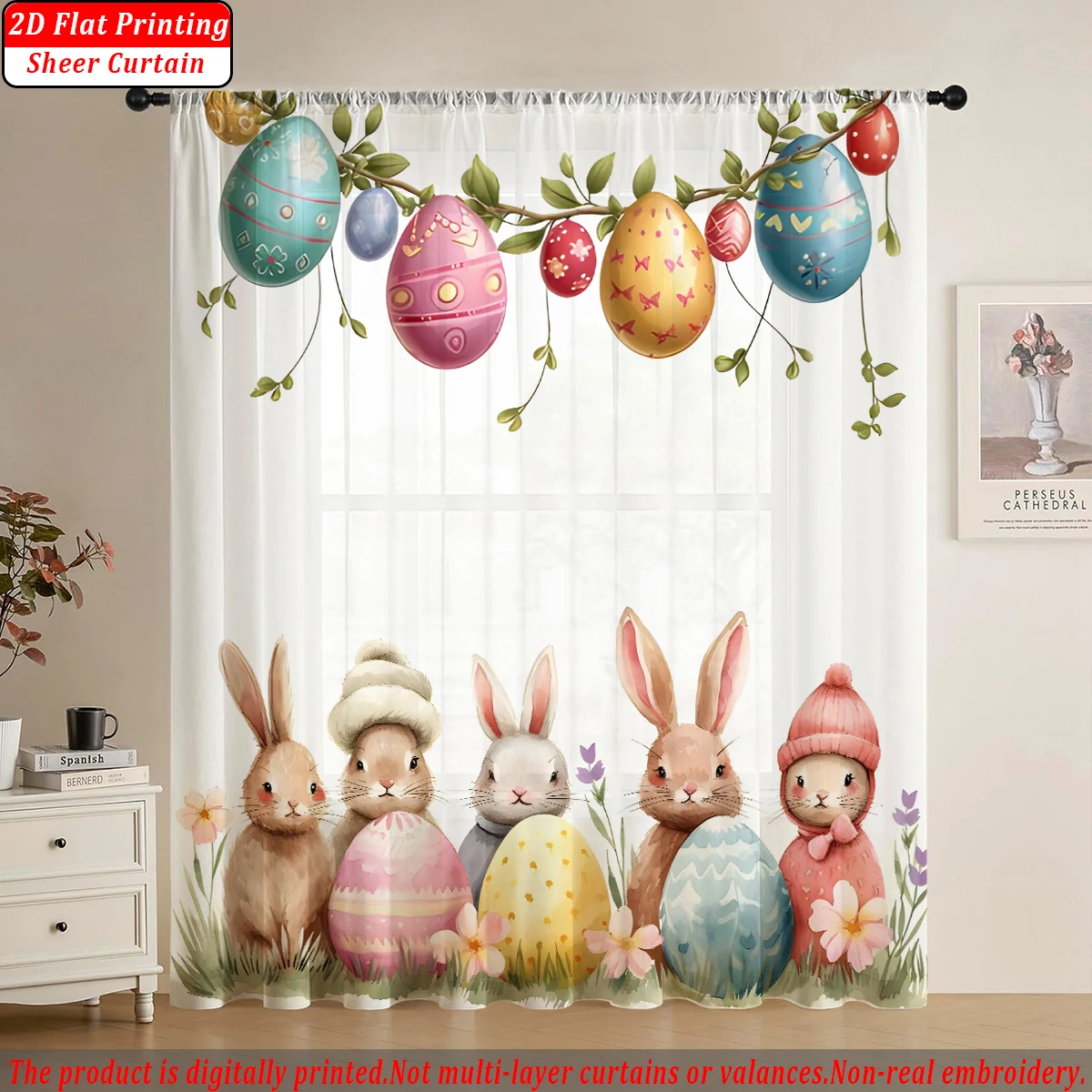 Rabbit, Easter Egg Tree Branch Flat Printing Sheer Curtain，Light Fabric，for Living Room Bedroom Home Door and Window Decor