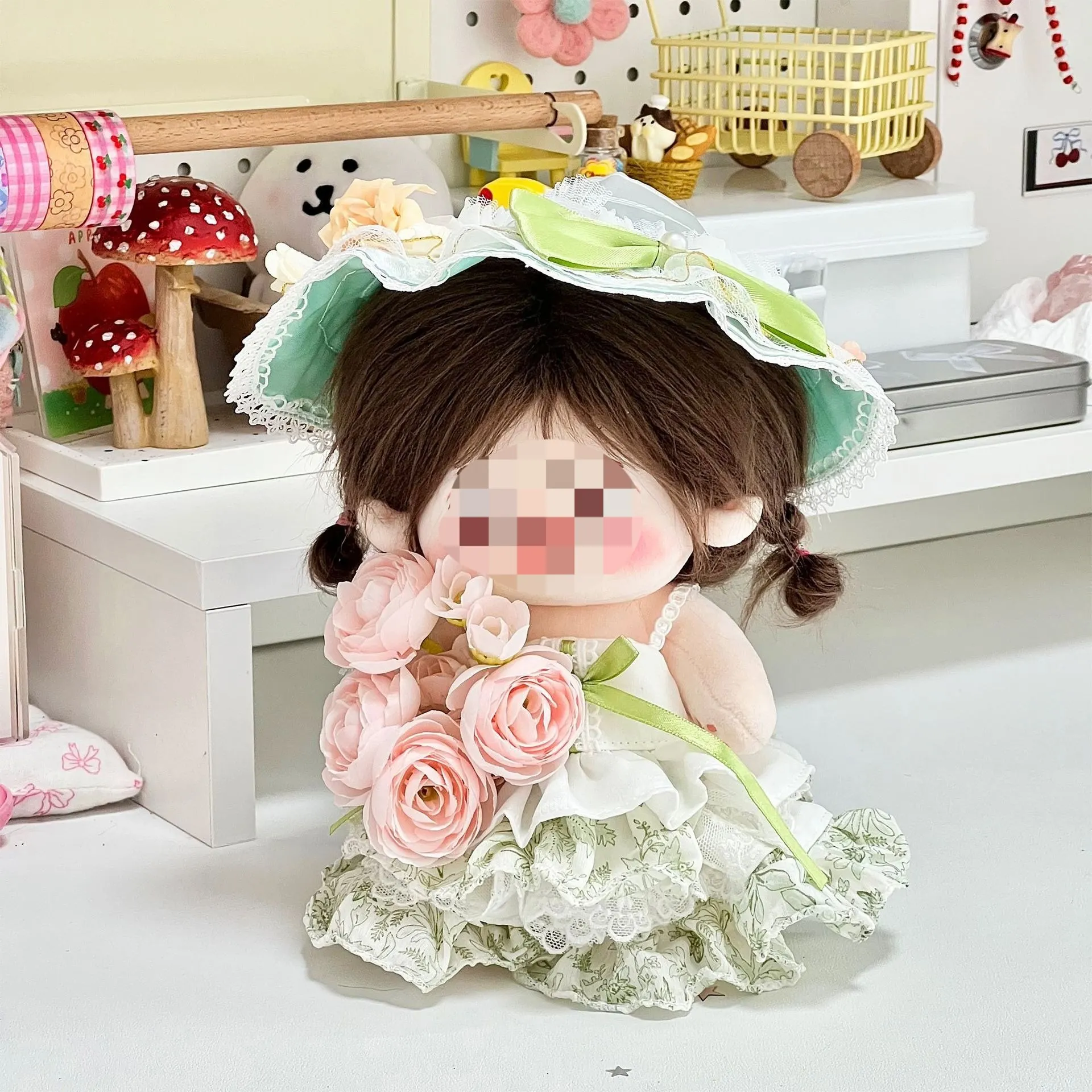 ชุดตุ๊กตาผ้าฝ้ายน่ารักขนาด 20 ซม. ชุดเจ้าหญิงพร้อมหมวกสีเขียว