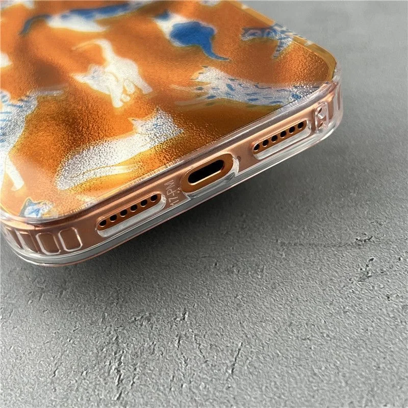 Custodia per telefono con gatto argento blu con fondo arancione perforato con ondulazione dell'acqua per iPhone 11 12 13 1 4 15 16 17 Pro Max