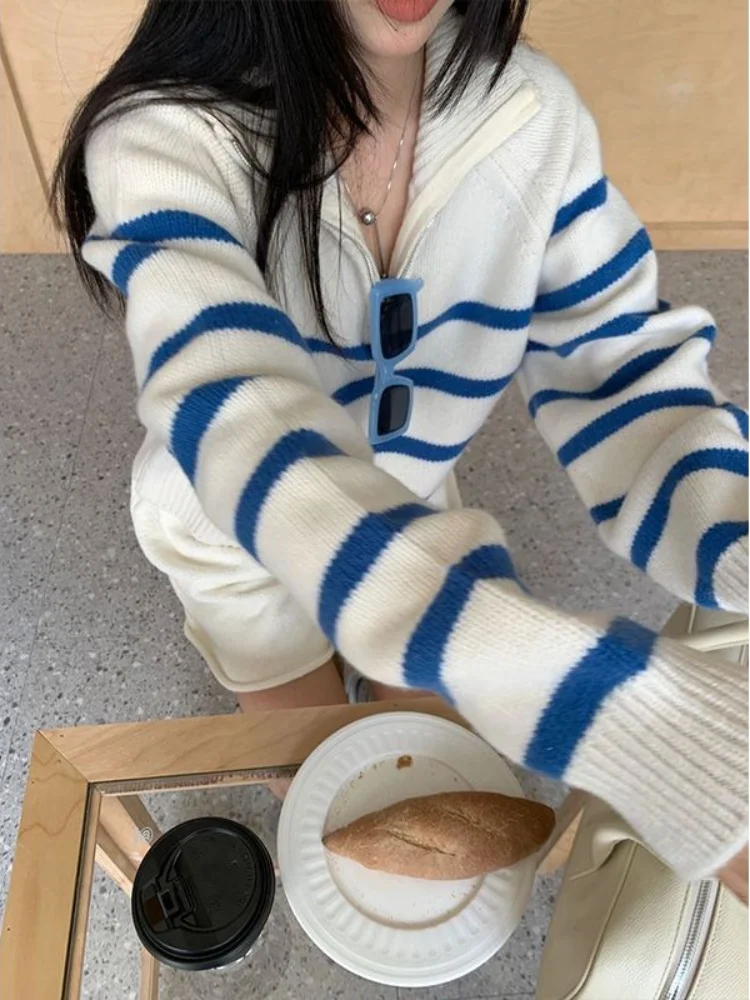 Pullovers Women Striped Zipper Loose Casual Knitted Sweaters Preppy Style Design Sweet Outwear Age-reducing Cozy Fashion Ulzzang