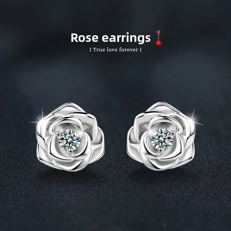 

Elegant S925 Sterling Silver D-Color Moissanite Rose Earrings - Exquisite Floral Jewelry for Women
