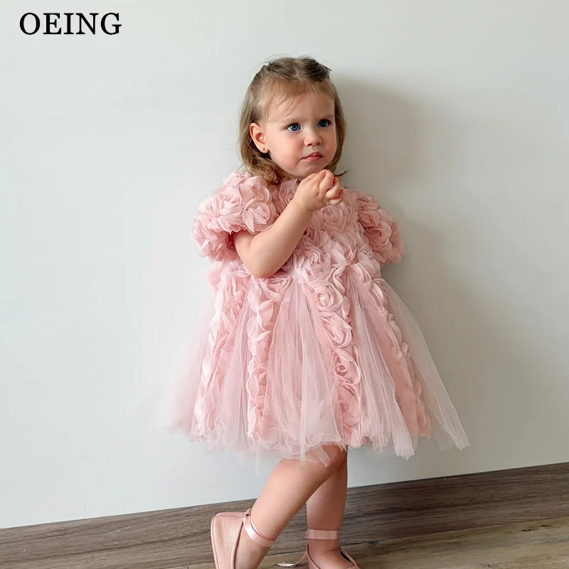 

OEING Princess A-Line Flower Girl Dresses 3D Floral O-Neck Short Sleeve Baby Girl Party Dress Midi Tulle Dress Customized
