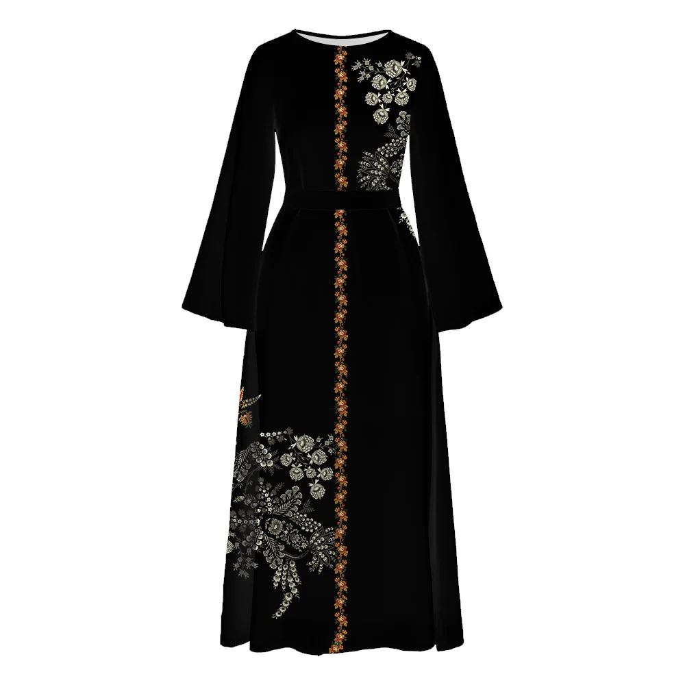 2024 Muslim Female Demure Abaya Luxury Dubai Turkey Caftan Floral Printed Maxi Dress Casual Ramadan Islam Long Sleeve Tunic Robe