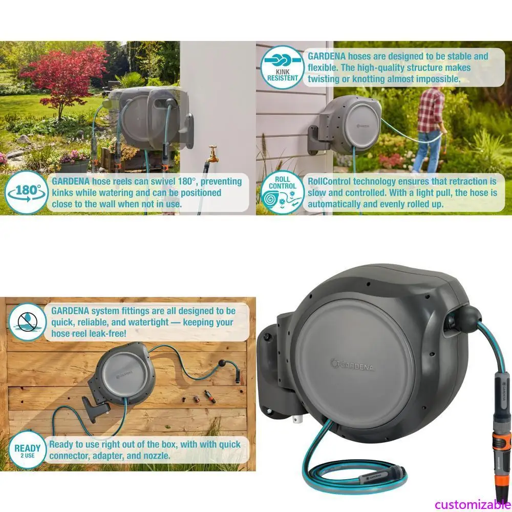 

«50-футовая полуавтоматическая катушка для садового шланга с настенным креплением и функцией блокировки для эффективного орошения».