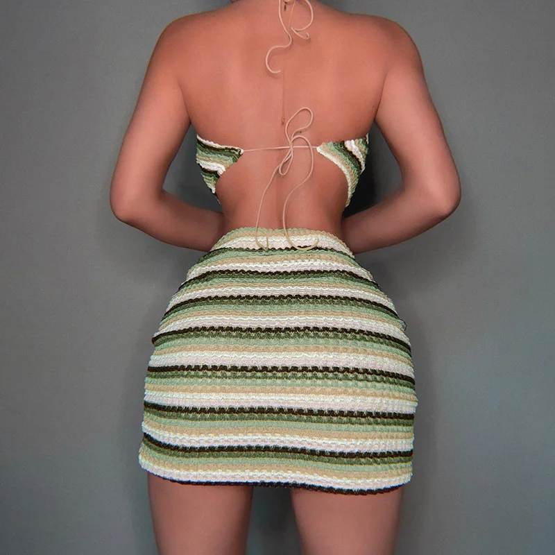 Striped Mini Skirt Knit Two Piece Set Crochet Halter Tops Elegant Sexy Outfits 2022 Women Sweaters Fashion 2 Pieces Sets Dress