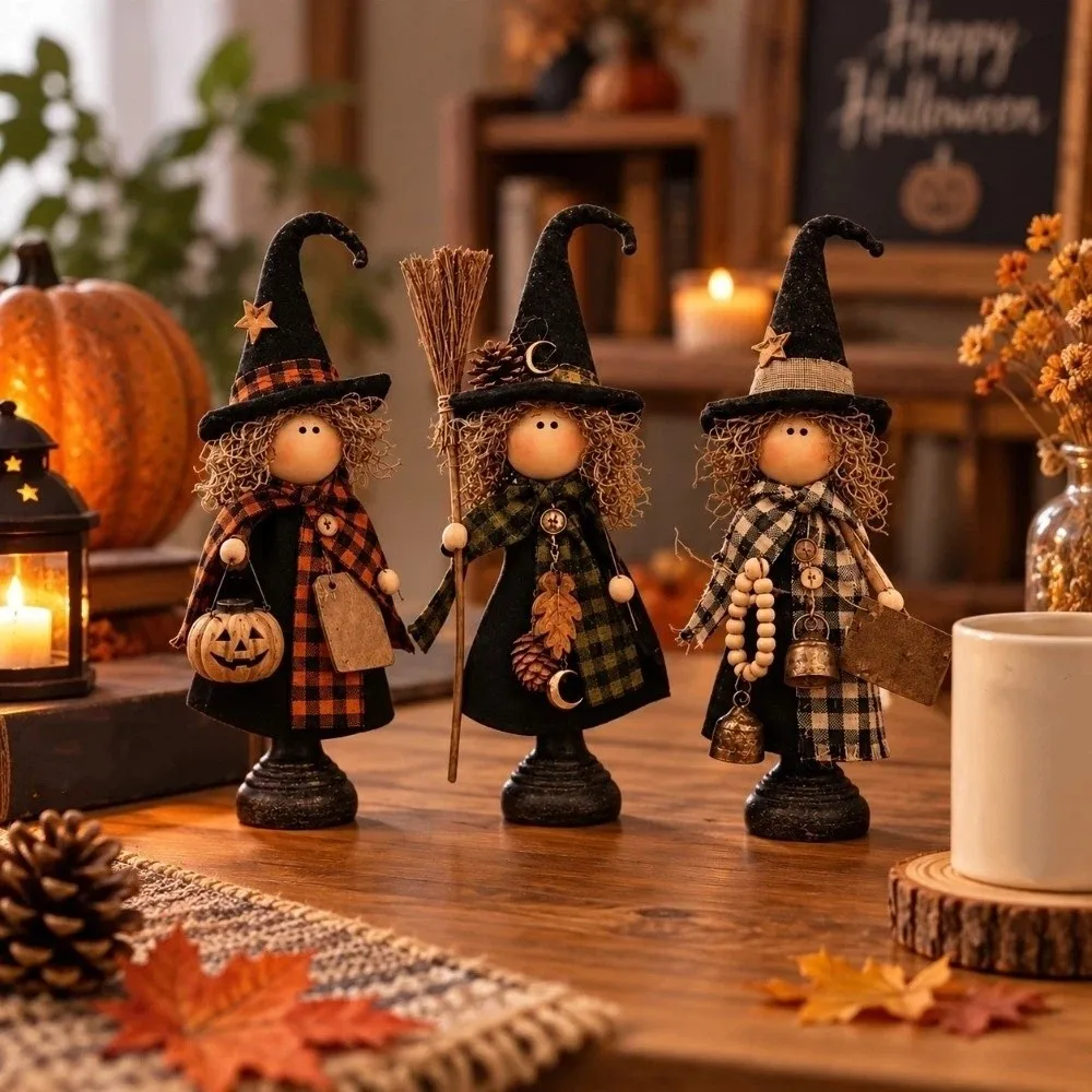 3/4 pcs Wooden Halloween Witch Ornaments 2D Flat Home Decor Fall Scarecrow Statue Autumn Harvest Rustic Halloween Decoration
