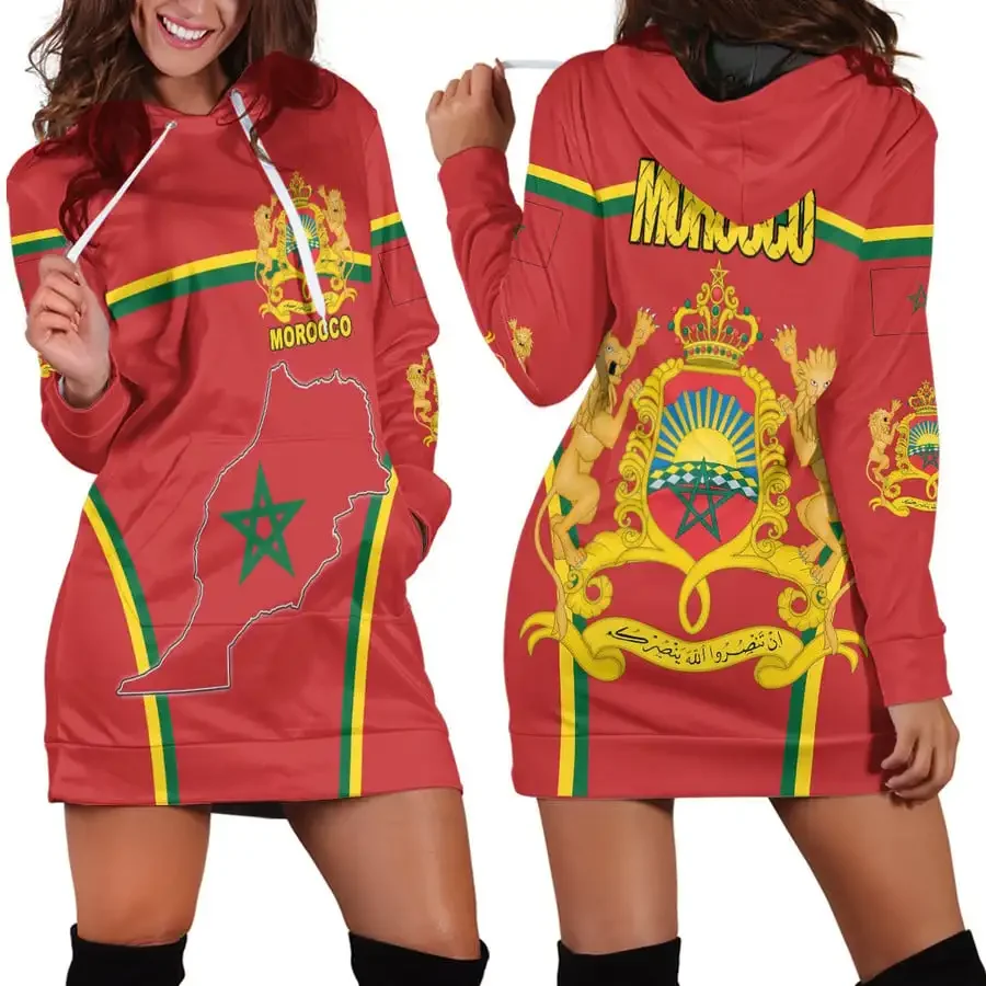 Moroccan Flag women\'s hoodie dress Autumn/Winter New retro Harajuku 3d printed flag jumper Casual sexy women\'s hoodie dress