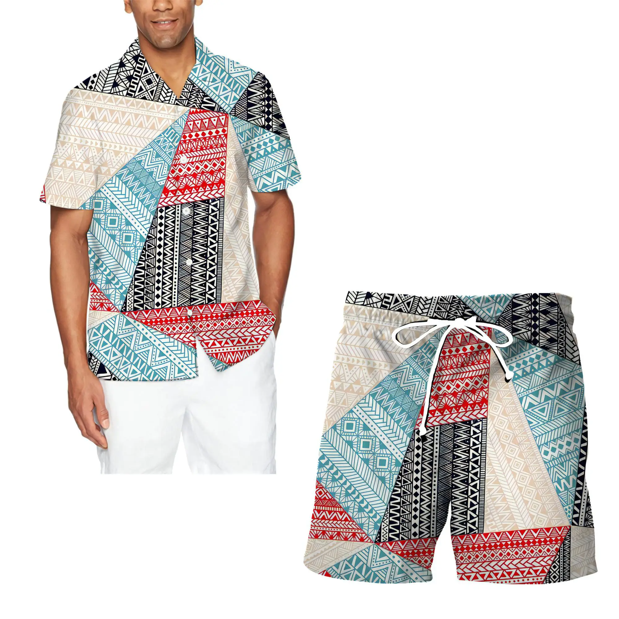

New Men's Shirts Set 2-piece Suit Turn-down Collar Shirt Top And Beach Shorts Gold Luxury Pattern Hawaiian-style Men's Clothings