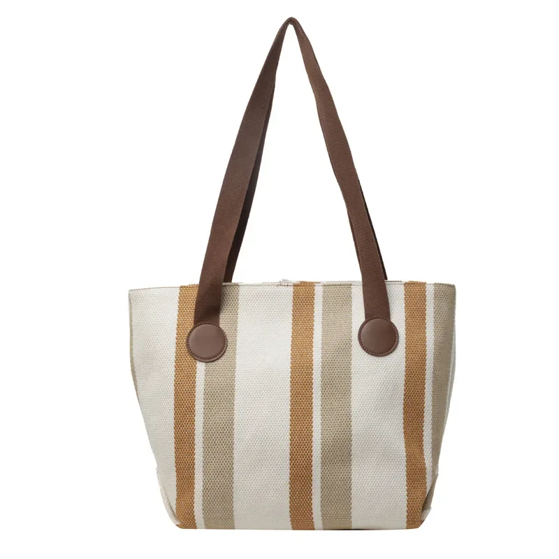 2024 New Fashionable Contrasting Striped Canvas Commuter Tote Bag Large Bag Women\'s  Trendy Underarm Shoulder Bag