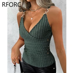 2024 Women Chic Thick Straps Metal Decor Deep V Neck Sleeveless Knitting Sexy Camis Crop Tops