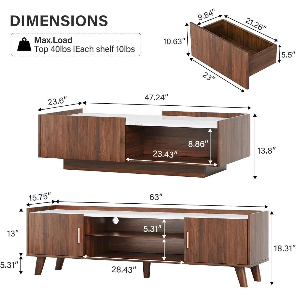 Modern Coffee Table & 65" TV Stand Set of 2, LED Entertainment Center with Power Outlets/Hidden Storage (Walnut Brown Coffee Tab