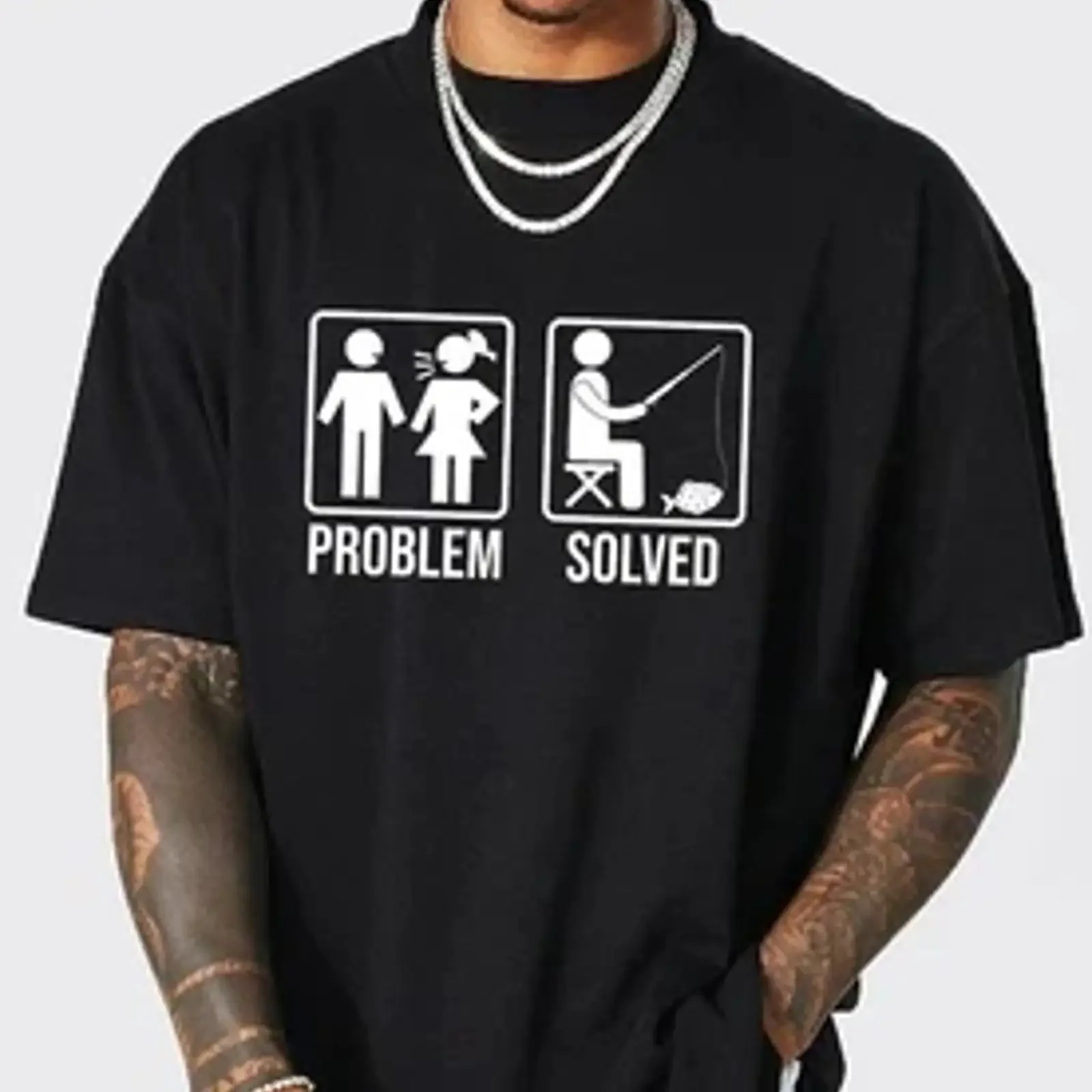 Funny Fishing Retro T Shirt Problem Solved Novelty Outdoor Meme GifT Top vintage Washed Slightly fashion Top For Everyday Wear