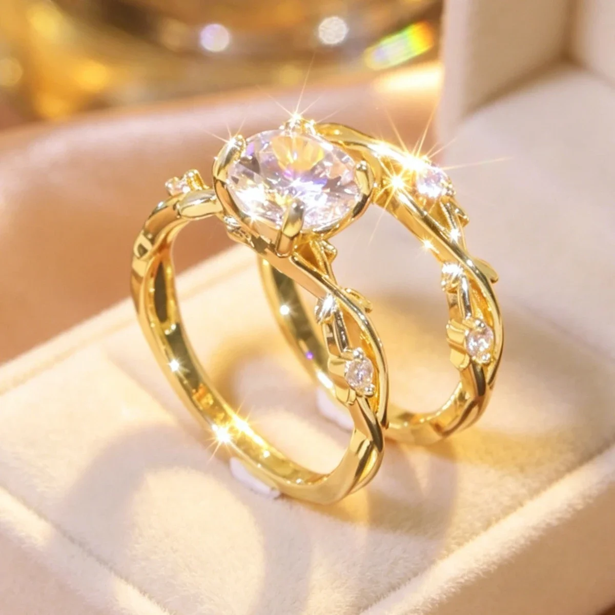 2Pcs/set Elegant Shiny Twigs Round Micro-inlaid Cubic Zirconia Ring Set Couple Ring Girl Lady Daily Elegant Jewelry Accessories Bridal Engagement Commitment Ring Women Sweet Valentine's Day Gift Mother's Day Gift Essential Jewelry for Girls